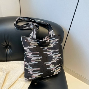 Women Fashion Nylon Tote Bag Colorful Gradient Stripe Embroidery Large Capacity Shoulder Bag Casual Urban Style Handbag