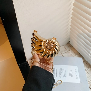 Women Mini Nautilus Conch Shaped Evening Bag Metallic Nylon Shell Clutch Crossbody Handbag With Chain Strap Party Jewelry Bag
