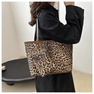 Detail of leopard print tote bag set featuring large shoulder bag and matching pouch
