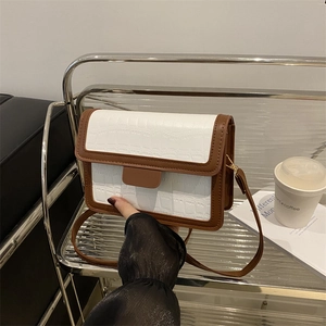 Contrast stone pattern flap square bag in cream and brown with adjustable strap