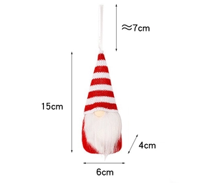 Detailed view of knitted Christmas gnome ornament with dimensions 15cm x 6cm x 4cm
