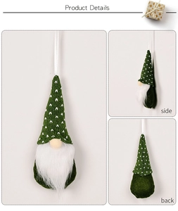 Detailed front side and back views of knit Christmas gnome hanging ornaments in green