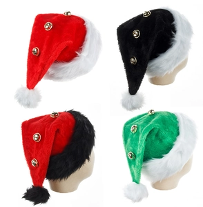 Detail view of plush Christmas hats in four colors with decorative golden bells