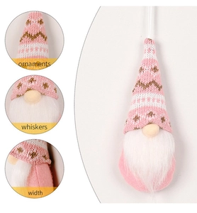Detailed close-up of pink knitted Christmas gnome ornament showing soft white faux fur whiskers