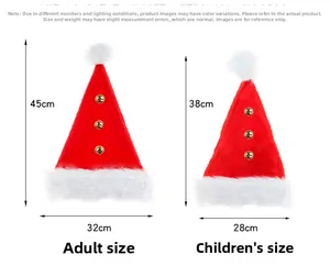 Size chart for plush Christmas hats with bells showing adult and child dimensions