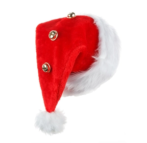 Detail of red plush Santa hat featuring a white faux fur trim and three gold metal bells