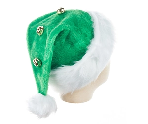 Close-up of green plush elf hat featuring soft white trim and three golden decorative bells