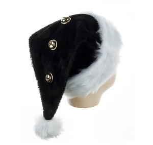 Detail of black plush Santa hat with three golden bells and white faux fur trim