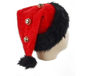 Detail of red plush Santa hat with black faux fur trim and three gold metal bells