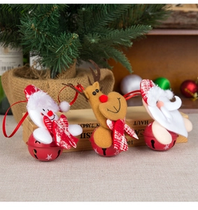 Three-piece Christmas bell ornaments with snowman, reindeer, and Santa felt figures