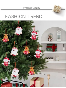 Detail of Santa, Reindeer, and Snowman plush ornaments hanging on a Christmas tree