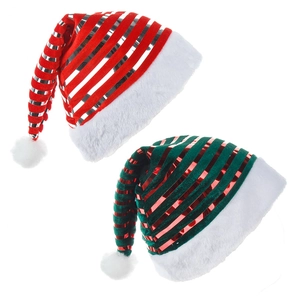Lot de bonnets de Noël à rayures rouges et vertes avec bordure en peluche blanche