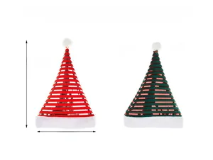 Détails des bonnets de Noël rayés montrant les dimensions 38cm de haut et 30cm de large