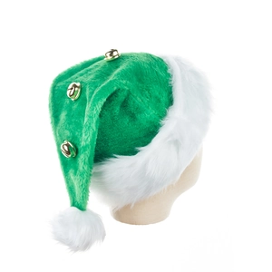 Green plush Christmas hat with white fur trim and golden bells on a display stand