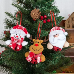 Christmas tree ornaments set featuring plush snowman reindeer and santa with metal bells