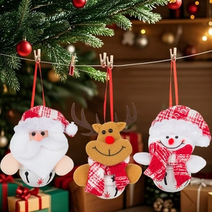 Set di 3 decorazioni natalizie con Babbo Natale, renna, pupazzo di neve e campanellini