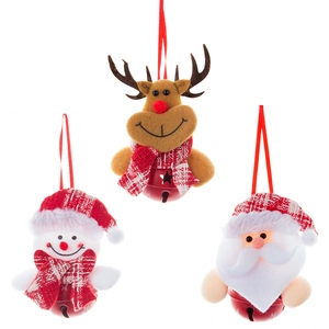 Christmas tree ornaments set featuring plush Santa, Snowman, and Reindeer with red bells