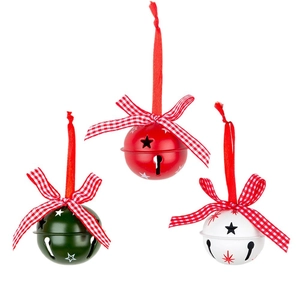 Drie 5cm kerstklokken in rood, groen en wit met strikken voor kerstboomdecoratie