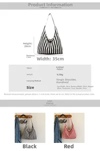 Size chart and specifications for striped knit tote bag showing dimensions and materials