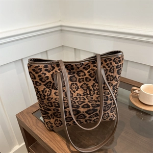 Fashion Leopard Print Large Capacity Tote Bag For Women PU Leather Trim Canvas Shoulder Bag Casual Commuter Handbag