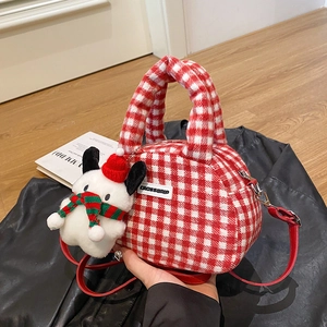 Red plaid plush bowling handbag for women with cute puppy doll pendant for Christmas