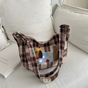 Borsa a Tracolla Casual a Quadri in Tessuto Oxford Con Toppa Ricamata Cucciolo di Cartone Animato per Donna Scuola Viaggio Borsa Hobo