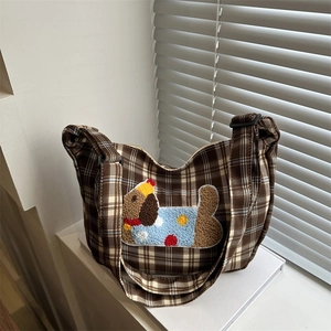 Borsa hobo scozzese da donna con ricamo a cucciolo e tracolla regolabile