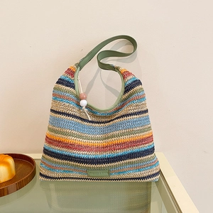 Sac Cabas Tissé en Paille à Rayures Multicolores Bohème Femme Sac à Main de Plage d'été Avec Poignée en Cuir et Charme de Perles