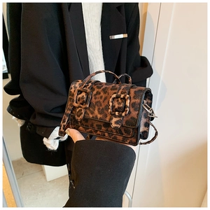 Detail of mini leopard print crossbody bag with dual square buckles and shoulder strap