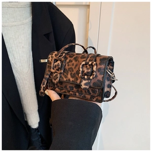 Detailed view of mini leopard print crossbody bag with dual buckles and slim top handle