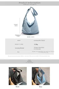 Tableau des tailles et vues multiples d'un grand sac seau fourre-tout en toile denim