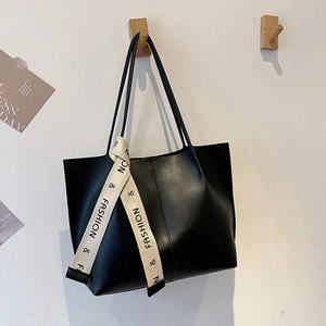 Grand sac cabas en cuir PU noir minimaliste avec ruban décoratif à lettres blanc