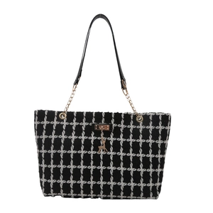 Grand sac cabas à carreaux noir et blanc avec lanières en cuir et breloque cerf doré