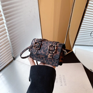 Chic leopard print mini square crossbody bag with dual buckles and adjustable strap