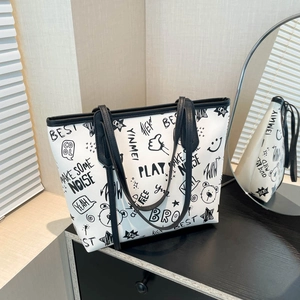 Sac Cabas Femme en Cuir PU Graffiti Doodle Grande Capacité Streetwear Sac à Épaule Imprimé Dessin Animé Main de Navettage