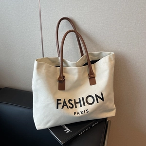 Women Large Capacity Canvas Tote Bag FASHION PARIS Letter Print Shoulder Bag For Commuting Shopping Casual Minimalist Handbag