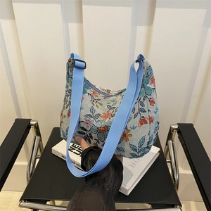 Sac bandoulière ethnique brodé de fleurs avec bandoulière bleue réglable femme