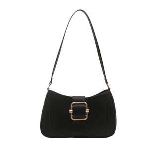 Minimalist black crescent shoulder bag with gold metal buckle on a clean white background