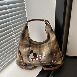Women Plaid Woolen Tote Bag Retro Cartoon Dog Print Checkered Shoulder Bag For Daily Commute Versatile Lady Handbag