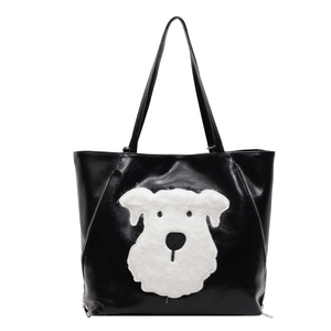 Large black PU leather tote bag with white plush dog motif and metal zippers