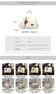Size chart showing large canvas tote bag dimensions 34x26x14cm with strap length