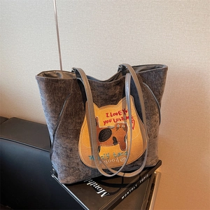 Sac Fourre-Tout en Velours Côtelé pour Femmes Grande Capacité Chat de Dessin Animé Patchwork Sac à Bandoulière Casual Quotidien