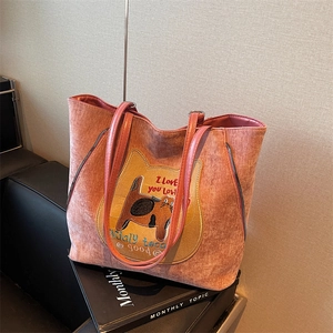 Sac fourre-tout en daim rose rétro avec broderie chat jaune et grande capacité