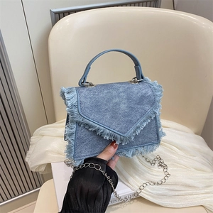 Sac Bandoulière Rétro en Denim pour Femmes Petit Sac Carré avec Glands et Franges Chaîne Argentée Mode Street
