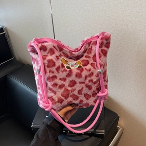 Borsa a Secchiello in Peluche Leopardata da Donna 2024 Autunno Moda Borsa a Tracolla in Pelliccia Ecologica con Toppa Ricamata