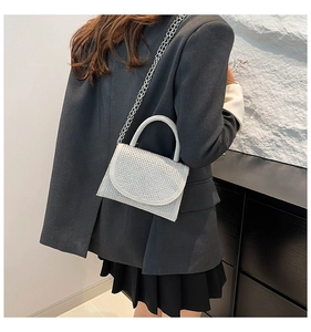Silberne Strass-Handtasche in Seitenansicht am Modell mit metallischer Kette getragen
