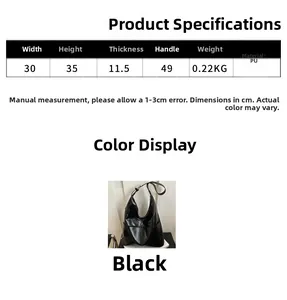 Size chart showing 30x35x11.5cm dimensions and PU material for the black tote bag