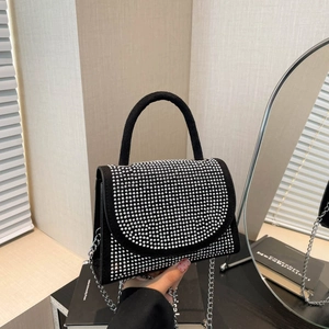 Damen Mode Strass Kette Schulter Umhängetasche Hochwertige PU Wildleder Textur Handtasche Elegante Kleine Quadratische Tasche Für Party