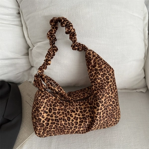 Vintage leopard print shoulder bag with ruched handle and spacious cloud-like design