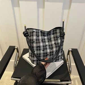 Women Fashion Bucket Bag Checkered Polka Dot Bowknot Decor PU Leather Polyester Lining Shoulder Bag With Knotted Strap Casual Daily Handbag